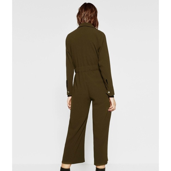 Zara Woman Olive Green Jumpsuit Utility Style Silver Zip Long‎ Sleeve Pockets - Picture 2 of 10